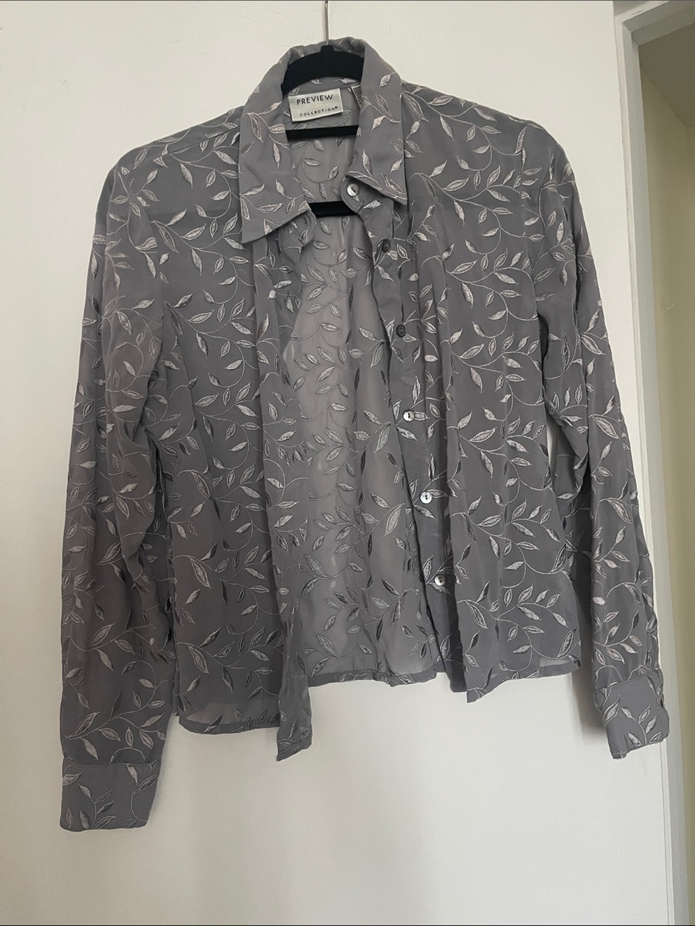 Review Semi-Sheer Leaf Print Button-Up Blouse in Gray and White
